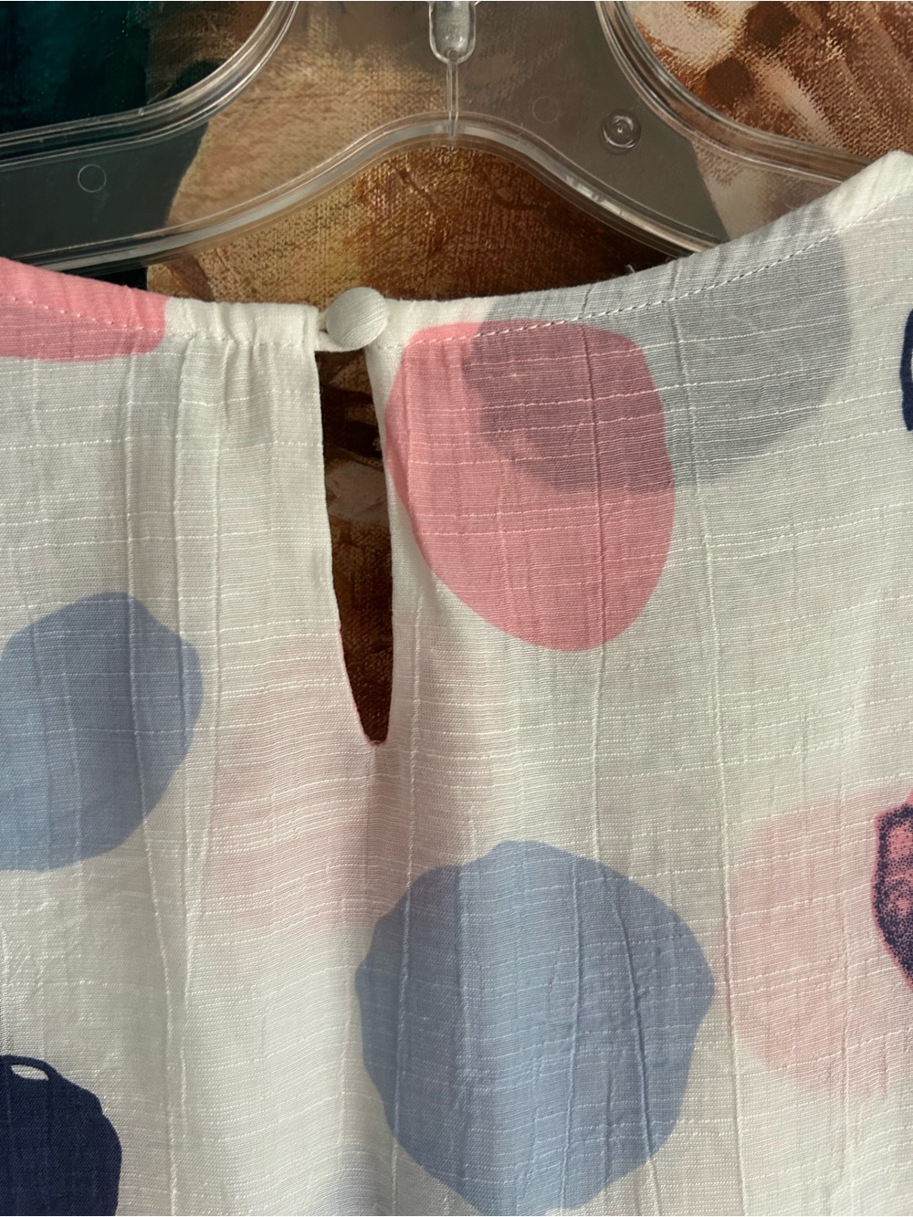 Red Coral Womens Small White Pink Blue Polka Dot Layered Blouse Boho Artsy Top - Picture 4 of 16